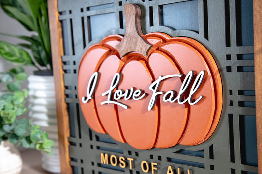 Love Fall Most Of All Plaid Engraved Wood Sign 16x15