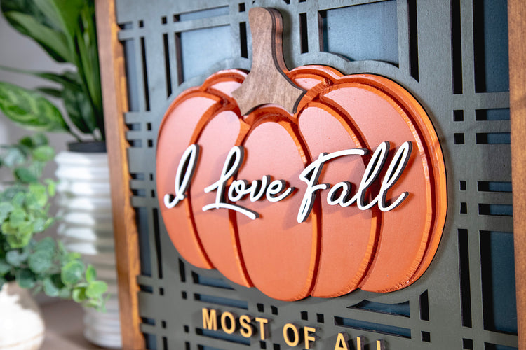 Love Fall Most Of All Plaid Engraved Wood Sign 16x15