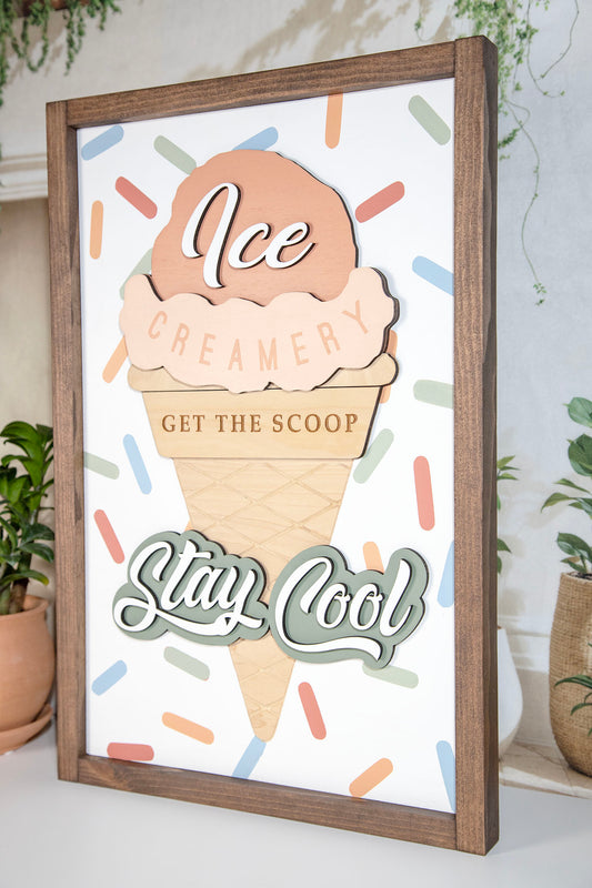Ice Creamery Stay Cool 3D Wood Sign 14x20 Inches