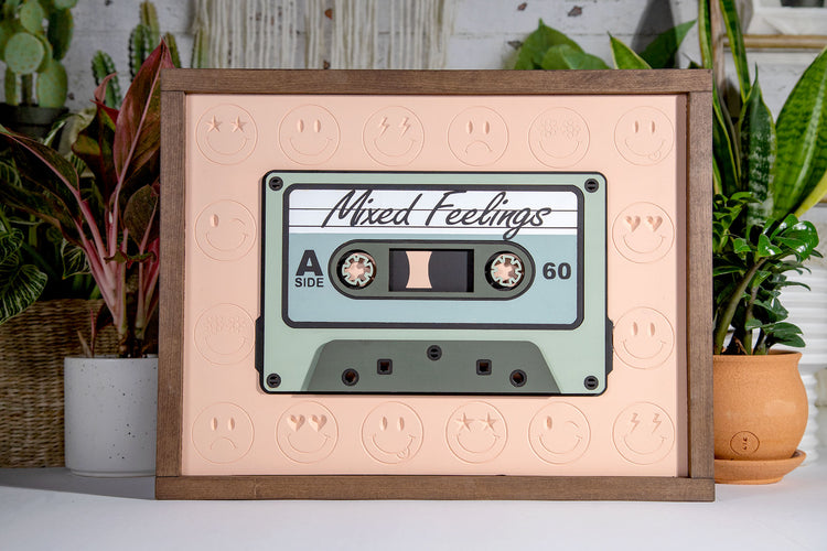 Mixed Feelings Smiley Cassette Tape Wood Sign