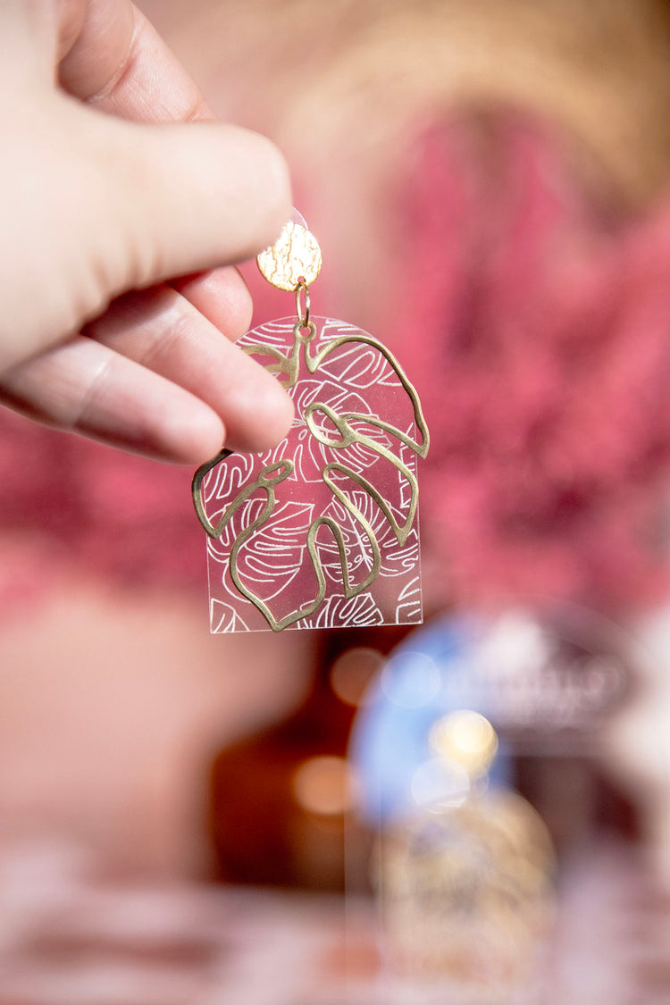 Monstera Gold Acrylic Dangle Earrings