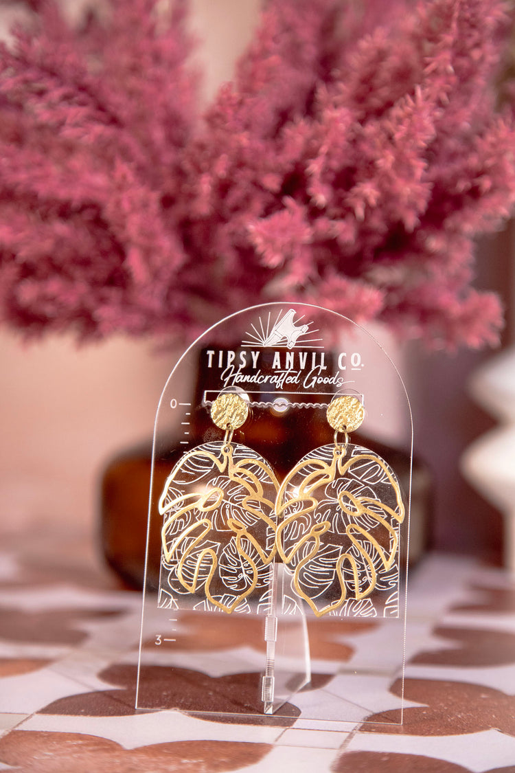 monstera plant earrings Monstera Gold Acrylic Dangle Earrings – The Tipsy Anvil Co