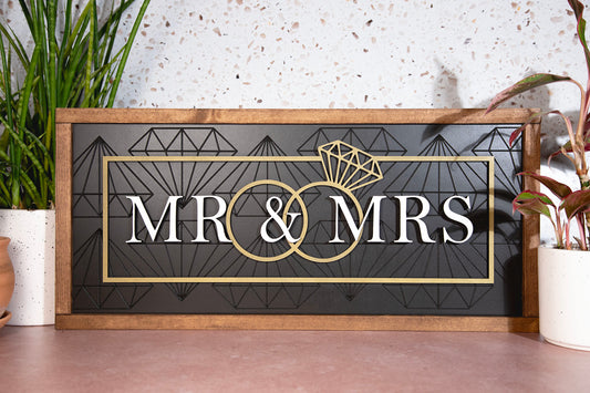 Mr & Mrs Wedding Diamond Engraved Wood Sign