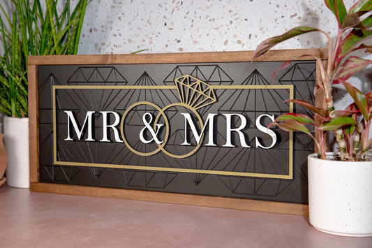 Mr & Mrs Wedding Diamond Engraved Wood Sign