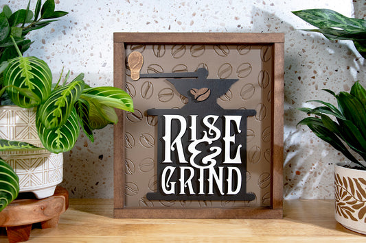 Rise and Grind Coffee Wood Sign 11x13