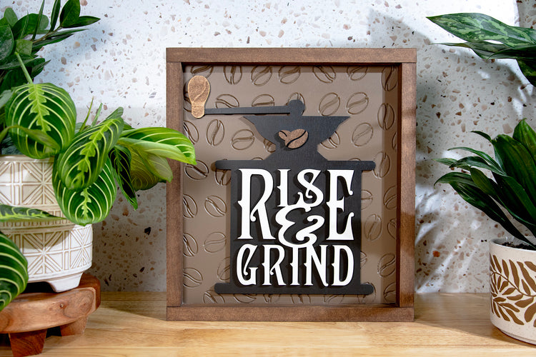 Rise and Grind Coffee Wood Sign 11x13