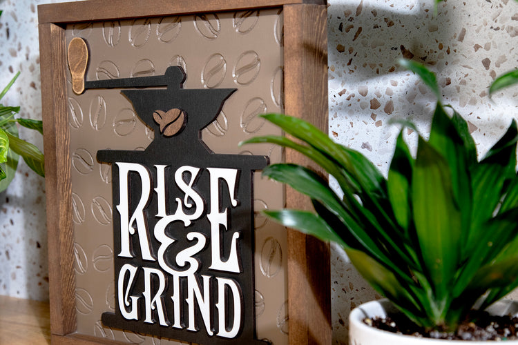 Rise and Grind Coffee Wood Sign 11x13
