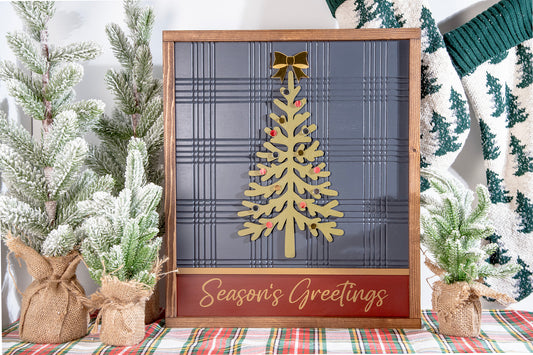 Seasons Greetings Plaid Tree Wood Sign 17x20