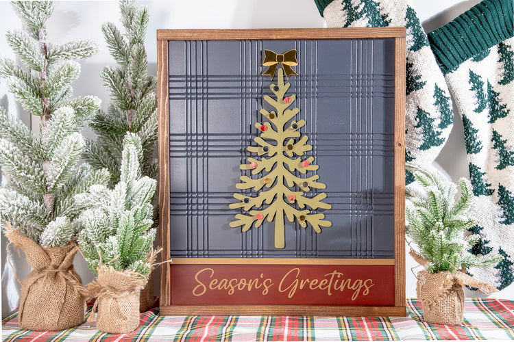 Seasons Greetings Plaid Tree Wood Sign 17x20