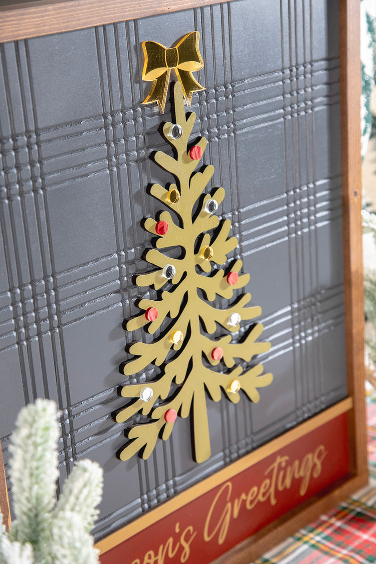 Seasons Greetings Plaid Tree Wood Sign 17x20