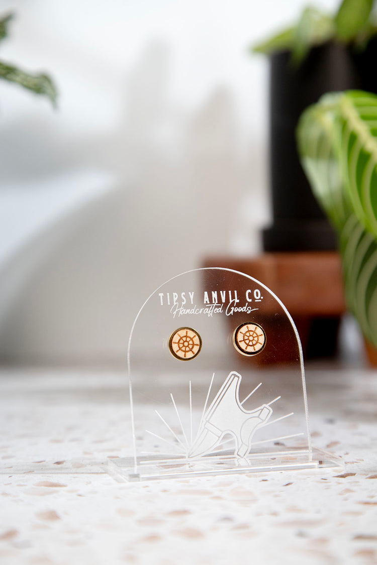 Ship Wheel Wood Stud Earrings