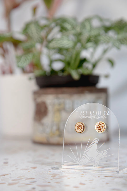 Ship Wheel Wood Stud Earrings