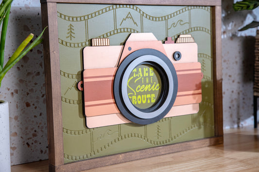 Take Scenic Route Camera Wood Sign 17x14