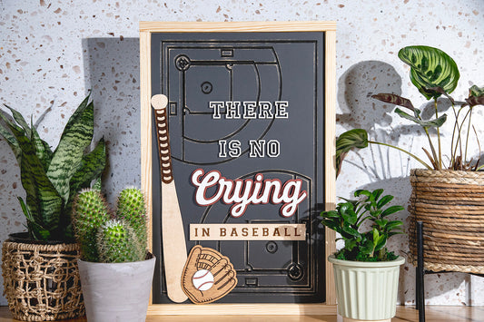 No Crying Baseball Wood Sign 14x21