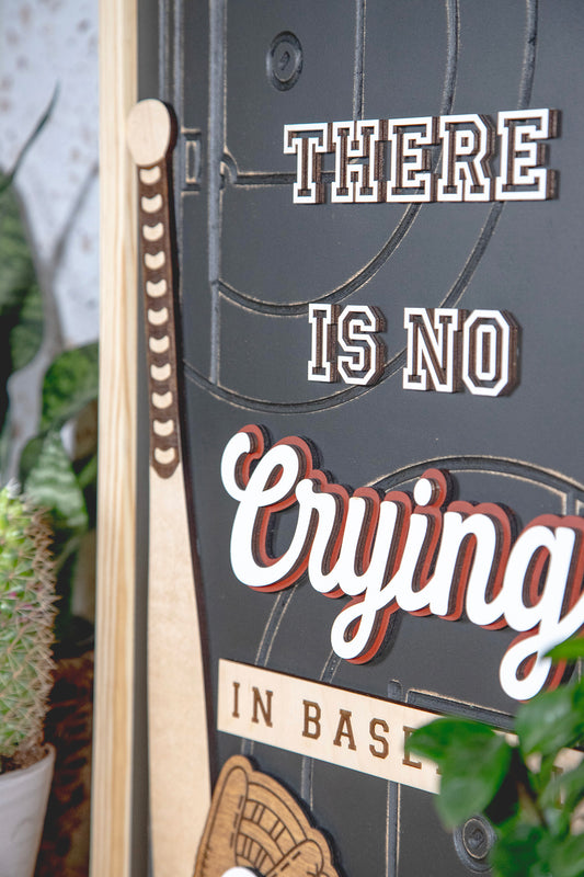 No Crying Baseball Wood Sign 14x21