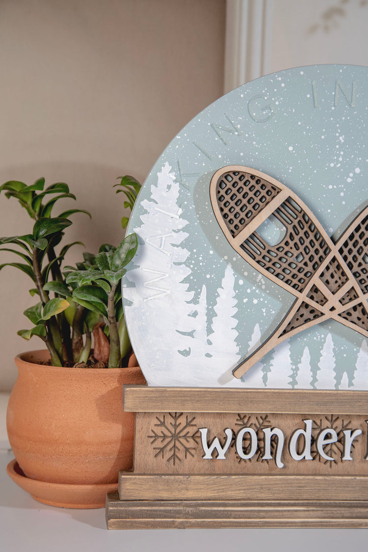 Walking Winter Wonderland Snowshoe Sign 14x15 Inches