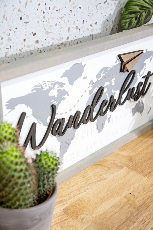 Wanderlust World Map Wood Sign 24x12