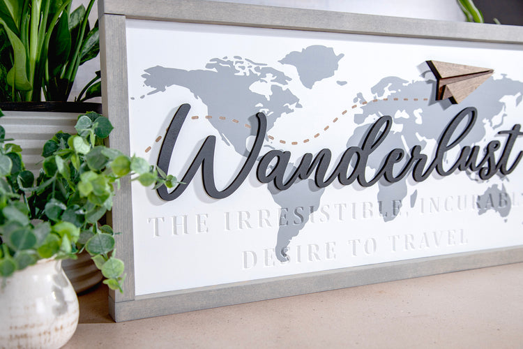 Wanderlust World Map Wood Sign 24x12