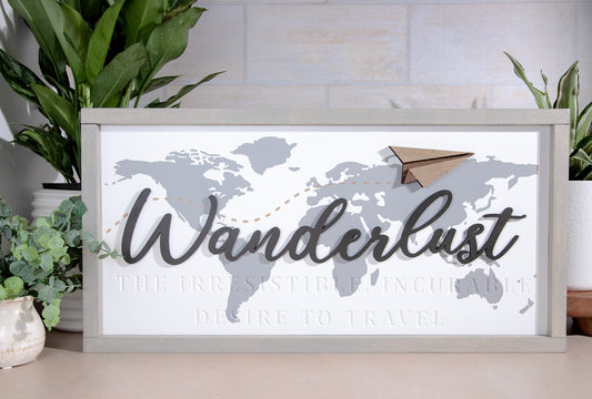 Wanderlust World Map Wood Sign 24x12
