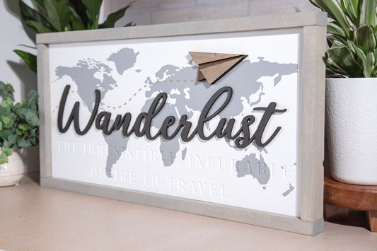 Wanderlust World Map Wood Sign 24x12