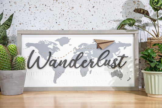 Wanderlust World Map Wood Sign 24x12