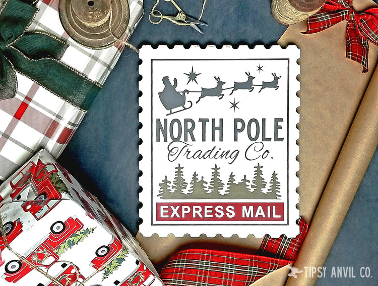 North Pole Christmas Mail Stamp Wood Sign 11x13
