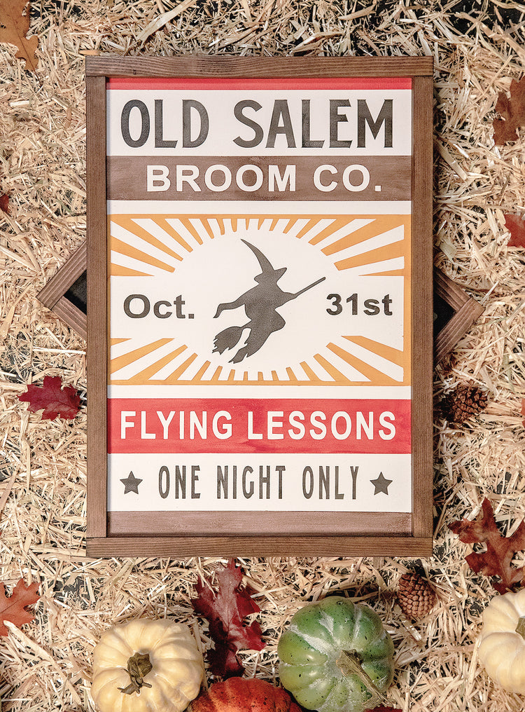 Old Salem Broom Co. Flying Lesson Wood Sign 19x13