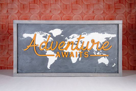 Adventure Awaits Chalkboard World Map Wood Sign