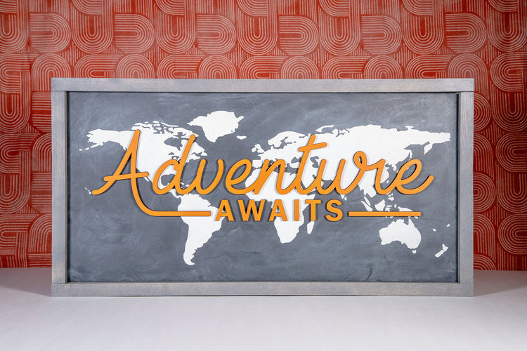 Adventure Awaits Chalkboard World Map Wood Sign