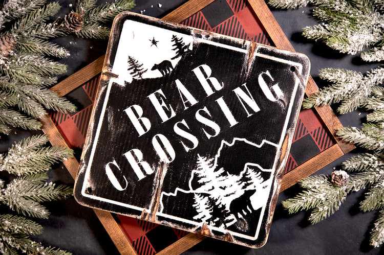 Bear Crossing Rustic Wood Sign 11.5x11.5