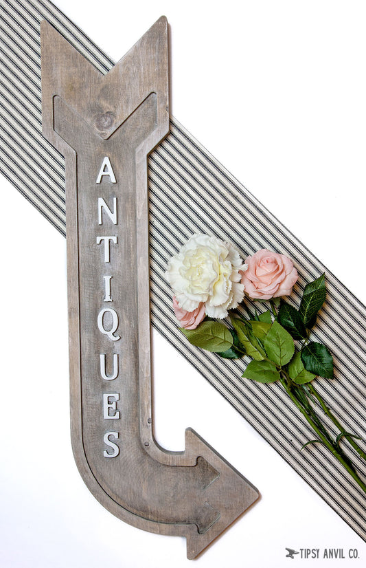 Antiques Embossed Wood Arrows Sign 27x6.5
