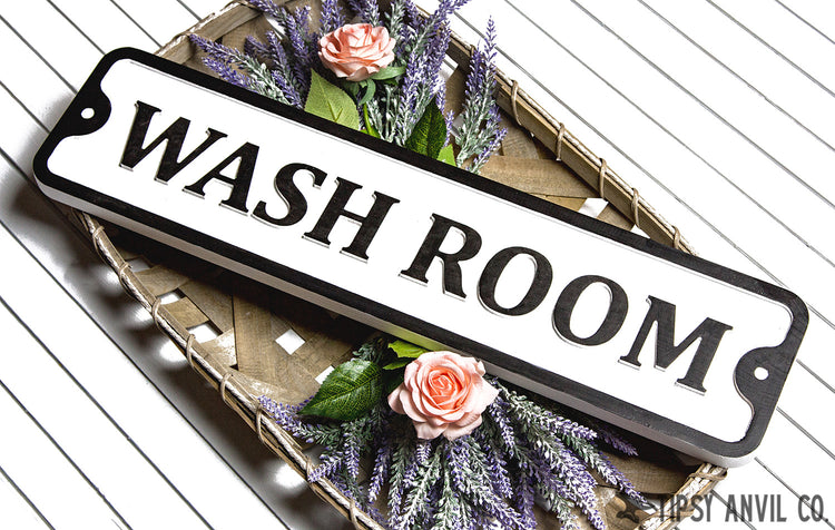 Wash Room Embossed Wood Sign 25x6