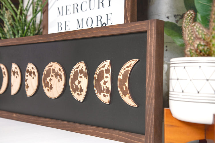 Moon Phases Engraved Wood Sign 9x24