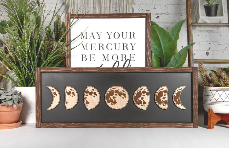 Moon Phases Engraved Wood Sign 9x24