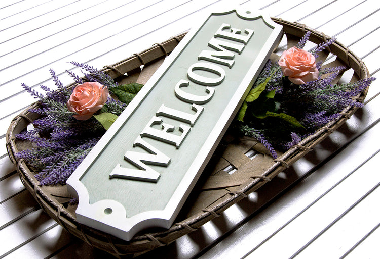 Welcome Embossed Wood Sign 23x6